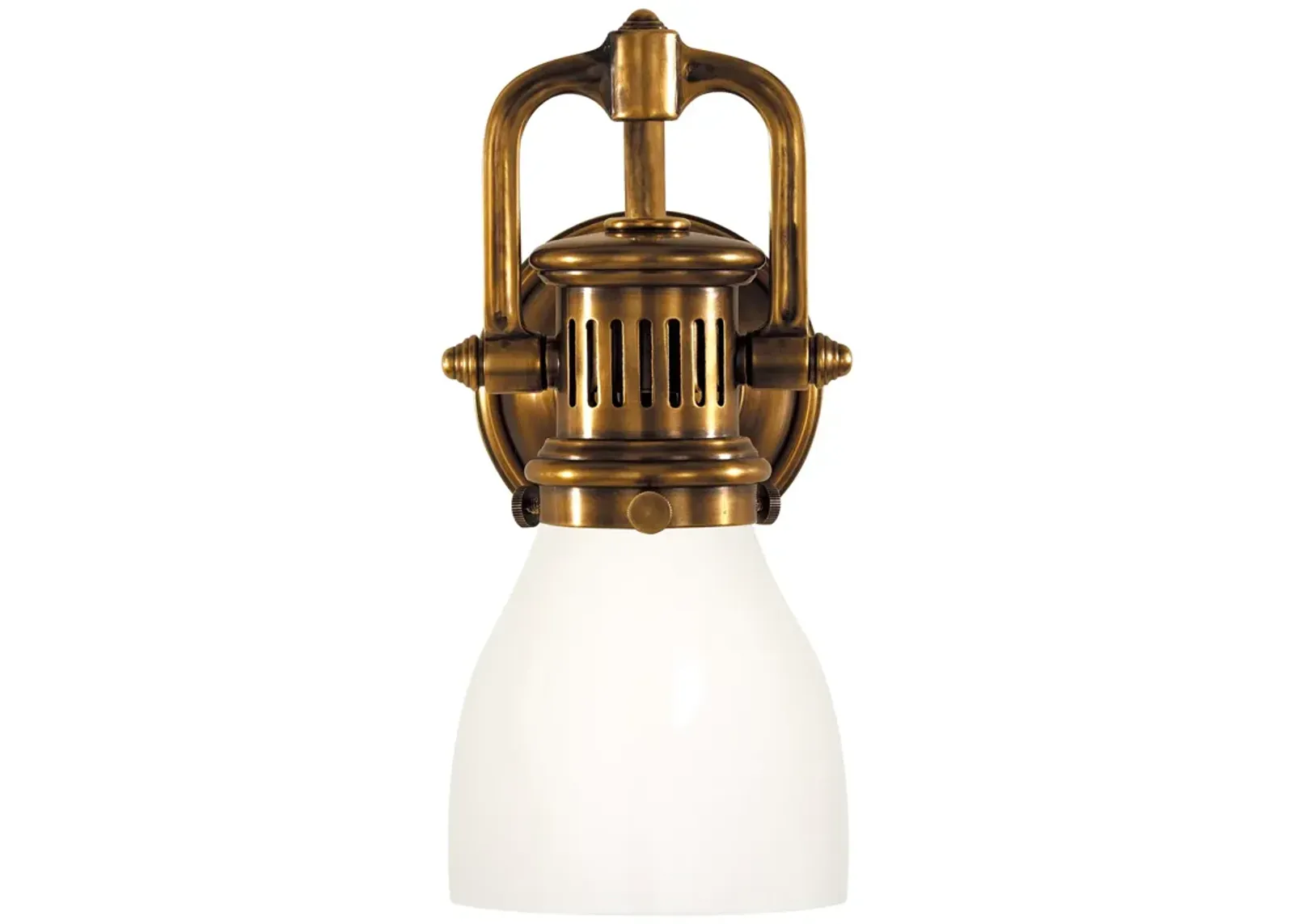 Yoke Suspended Sconce in Antique Brass with White Glass