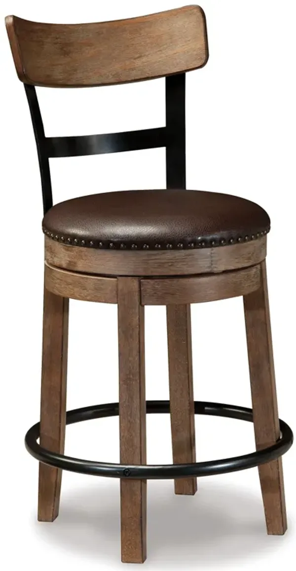 Pine Swivel Counter Height Stool Chair, 24 Inch, Brown Faux Leather  - Benzara