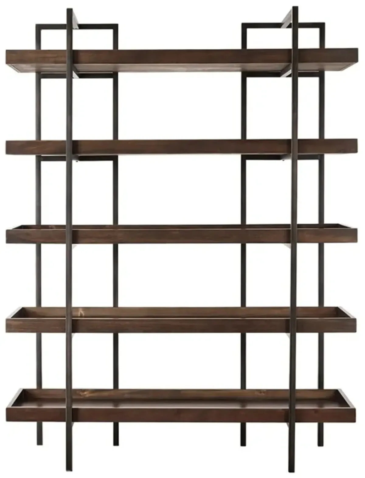 Bookcase with 5 Fixed Wooden Shelves and Metal Frame, Brown and Black-Benzara