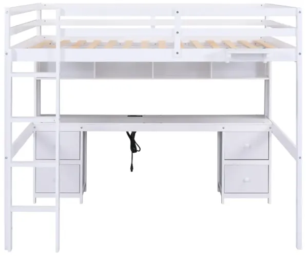 Merax Full Size Loft Bed with Desk, Cabinets, Drawers and Bedside Tray