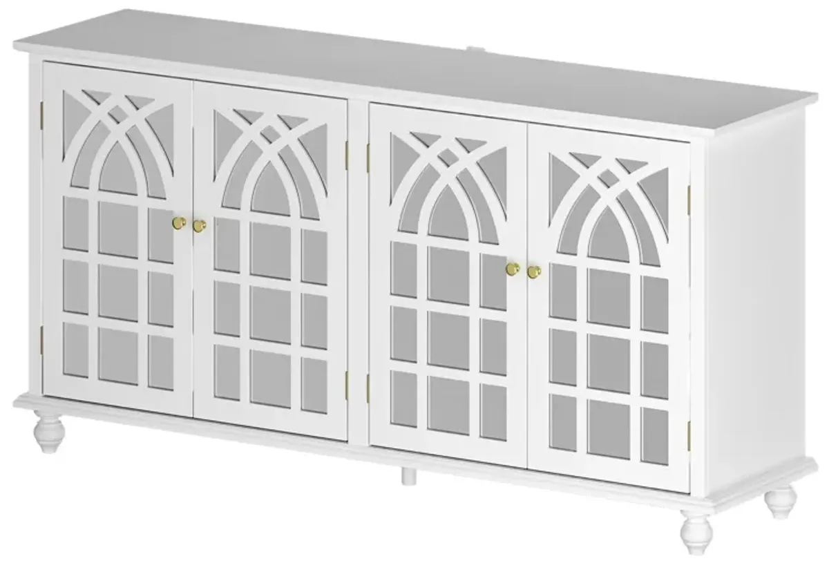 White Wooden 63 in. W, Mirrored Accent Strorage Cabinet, Sideboard with 4 Shelves and 4 Elegant Feet