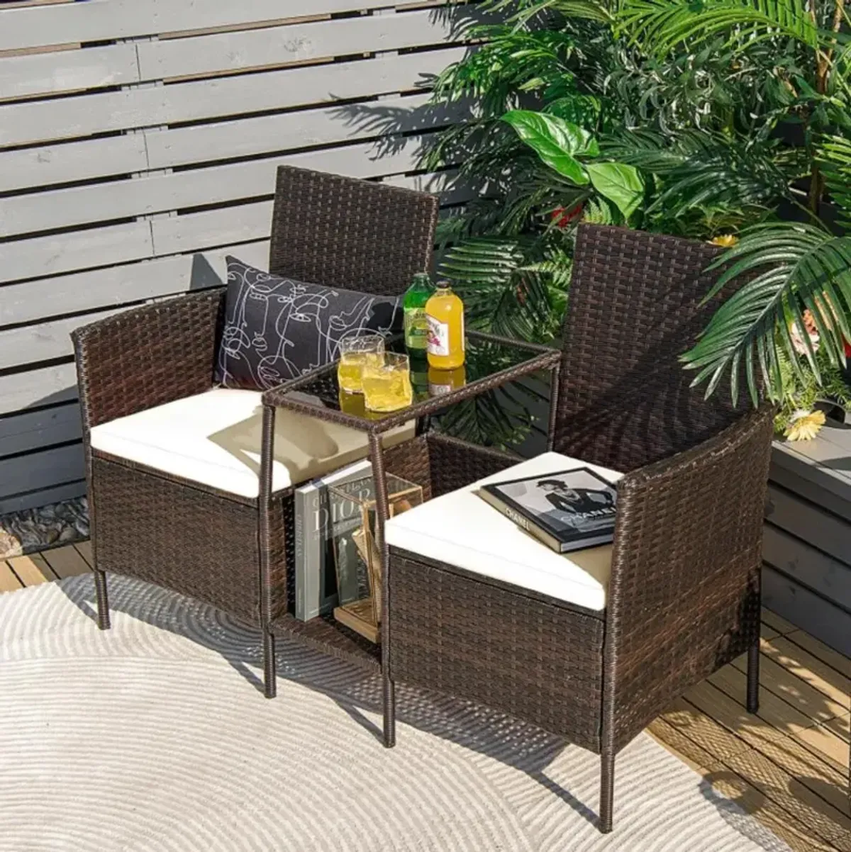 Hivvago Rattan Patio Conversation Set Cushioned with Glass Table