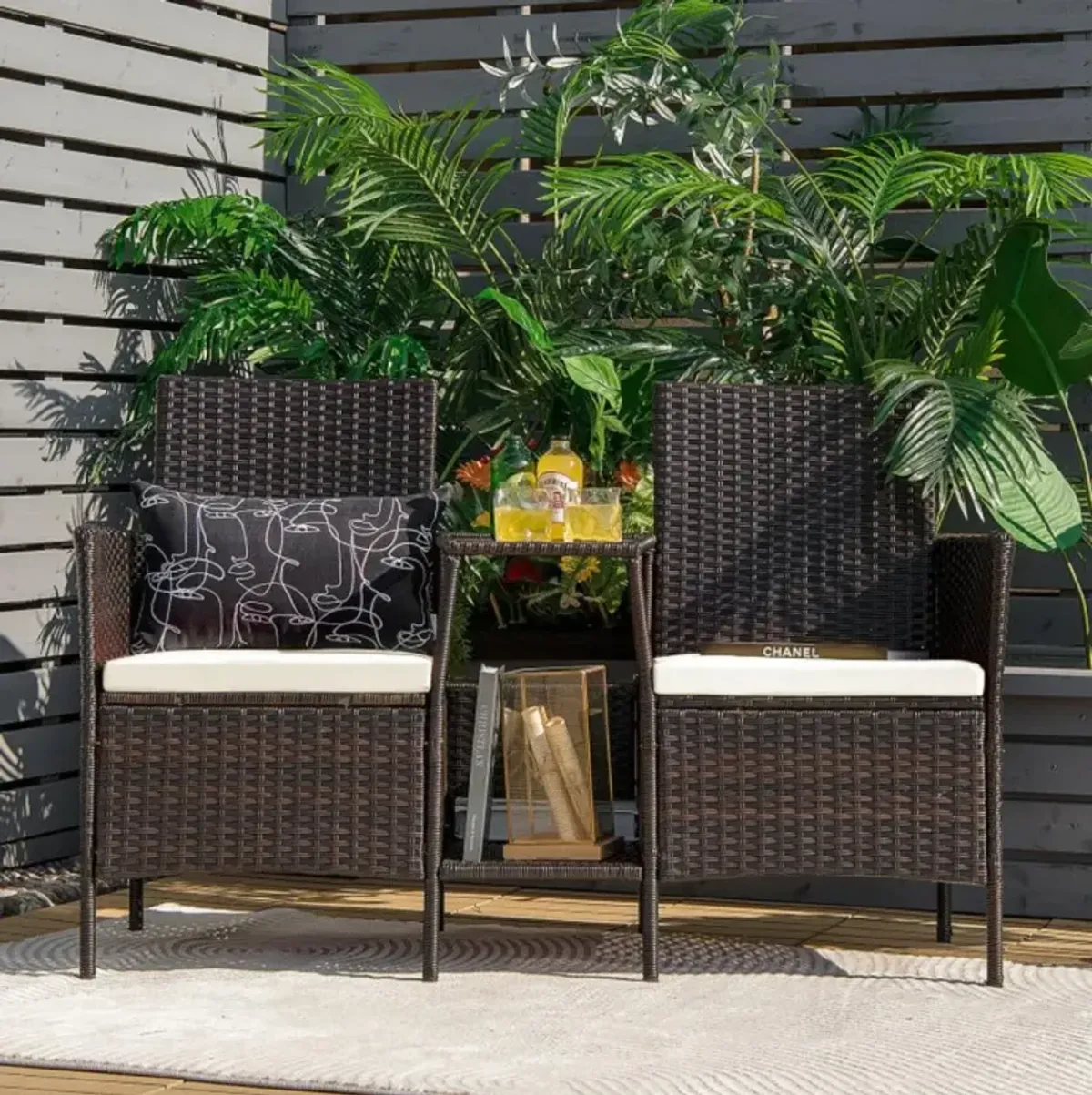 Hivvago Rattan Patio Conversation Set Cushioned with Glass Table