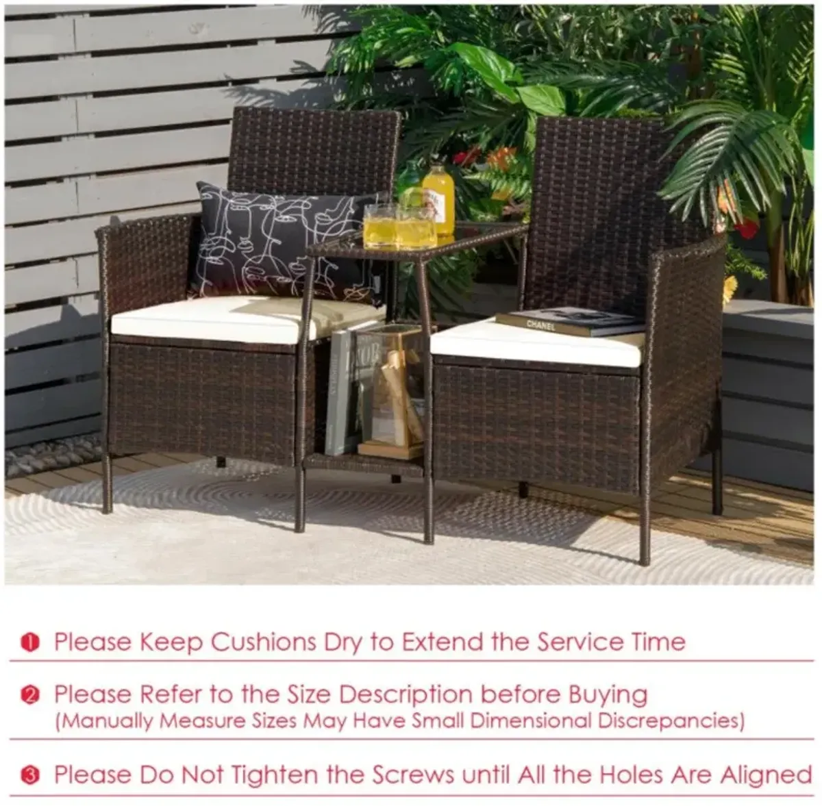 Hivvago Rattan Patio Conversation Set Cushioned with Glass Table