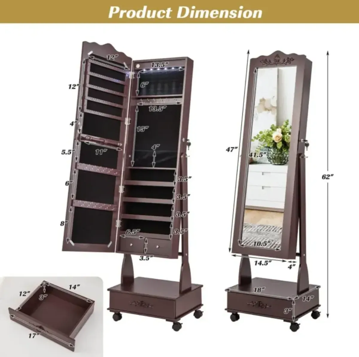 Hivvago Rolling Floor Standing Mirrored Jewelry Armoire with Lock and Drawers