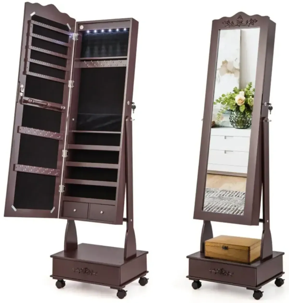 Hivvago Rolling Floor Standing Mirrored Jewelry Armoire with Lock and Drawers