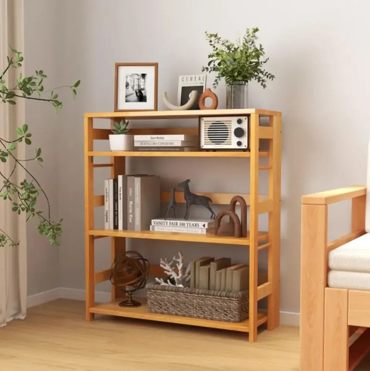 Hivvago Modern 4-Tier Rubber Wood Bookshelf with Side Fences 29.5 Inches of Stylish Living Room Storage