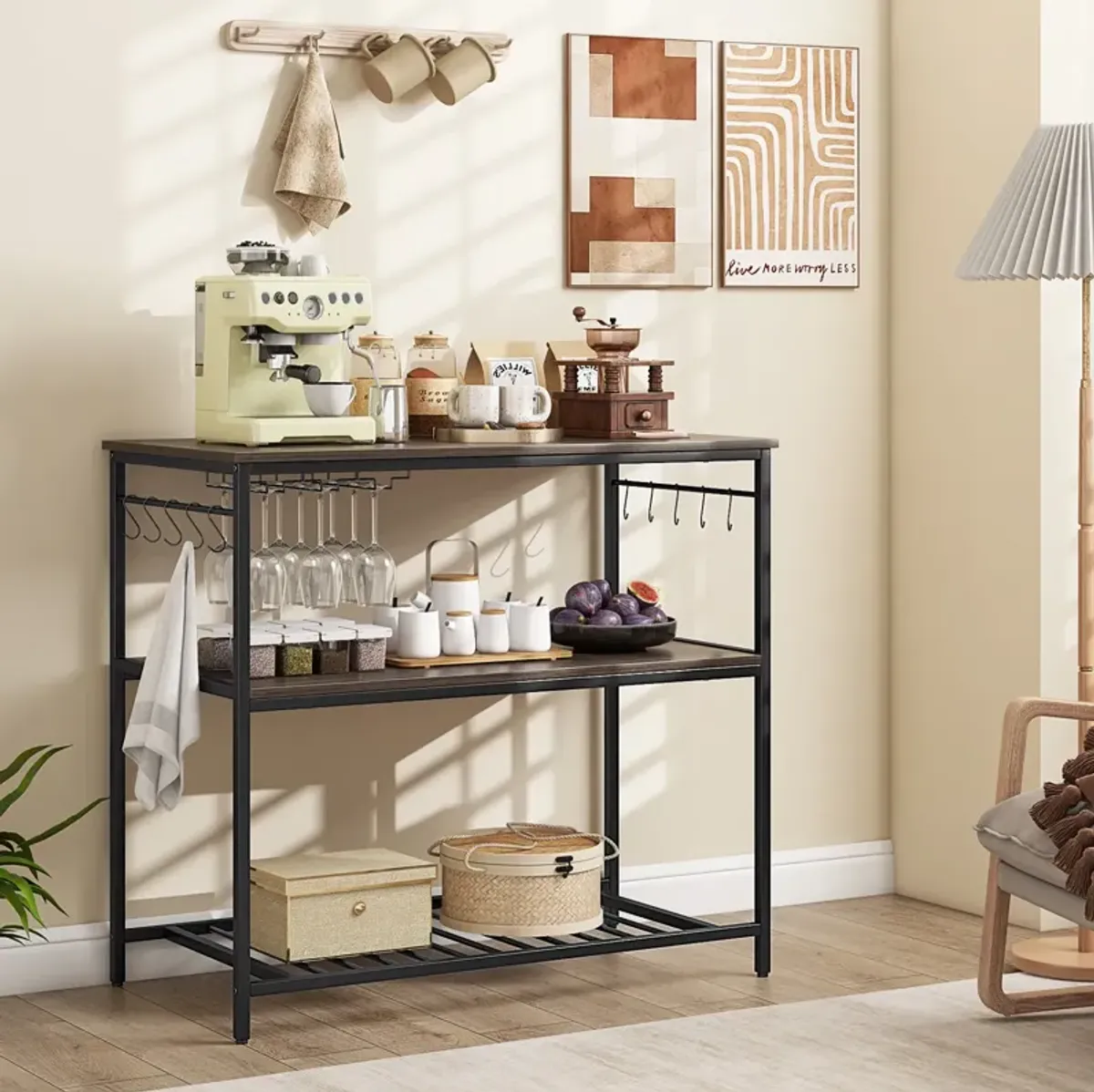 Kitchen Island with 3 Shelves Wine Glass Holders and 10 Hooks