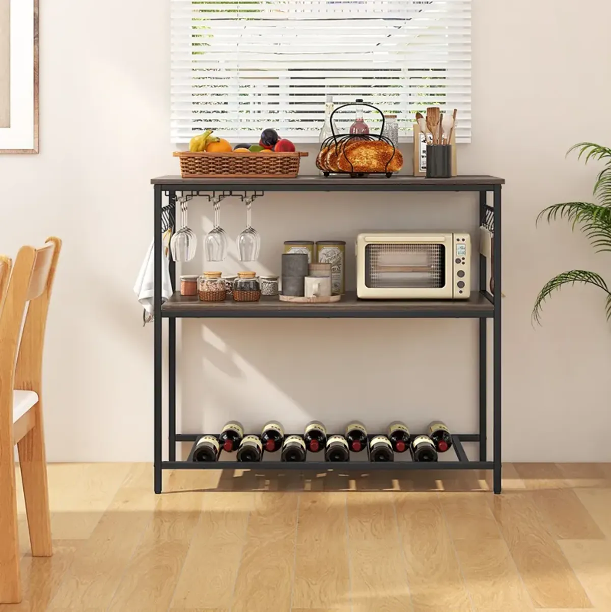 Kitchen Island with 3 Shelves Wine Glass Holders and 10 Hooks