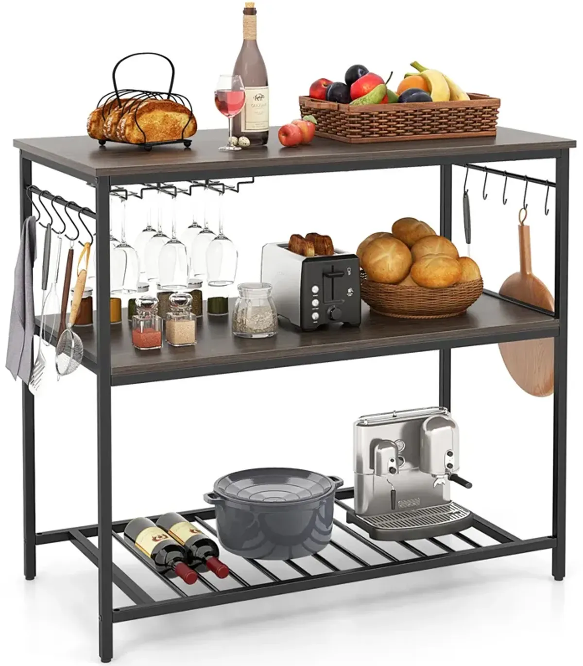 Kitchen Island with 3 Shelves Wine Glass Holders and 10 Hooks