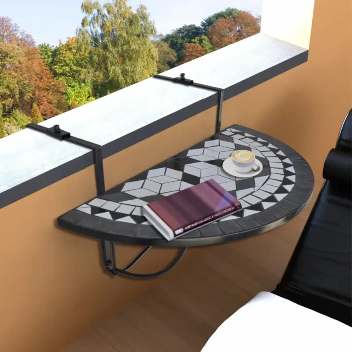 vidaXL Hanging Balcony Table Black and White Mosaic