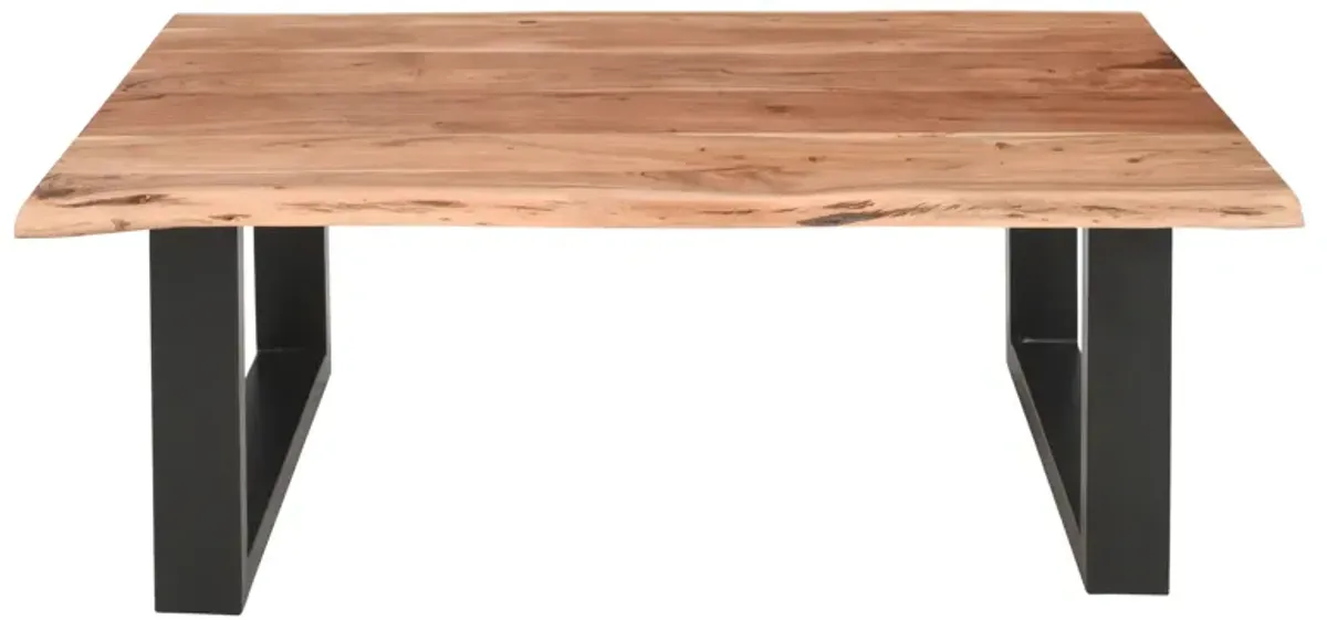45 Inch Acacia Wood Rectangular Coffee Table, Live Edge Details, Black Powder Coated Metal Sled Base, Natural Brown-Benzara