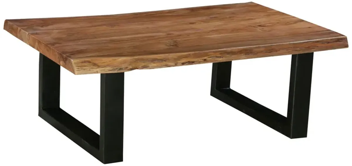 45 Inch Acacia Wood Rectangular Coffee Table, Live Edge Details, Black Powder Coated Metal Sled Base, Natural Brown-Benzara
