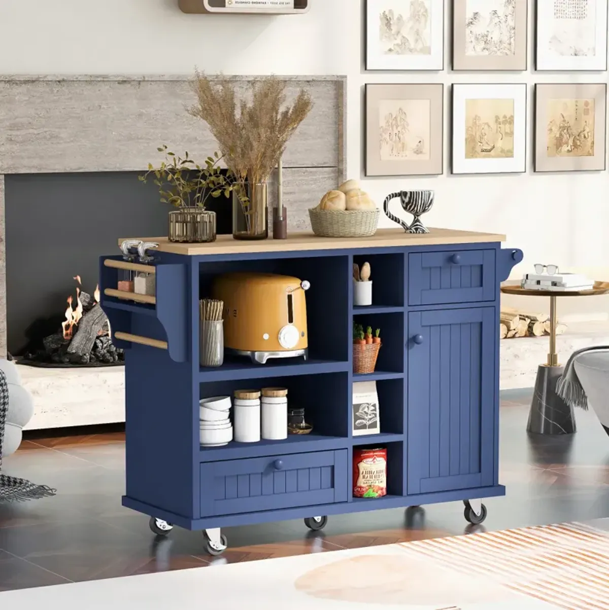 Solid Wood Kitchen Island Cart with Cabinet