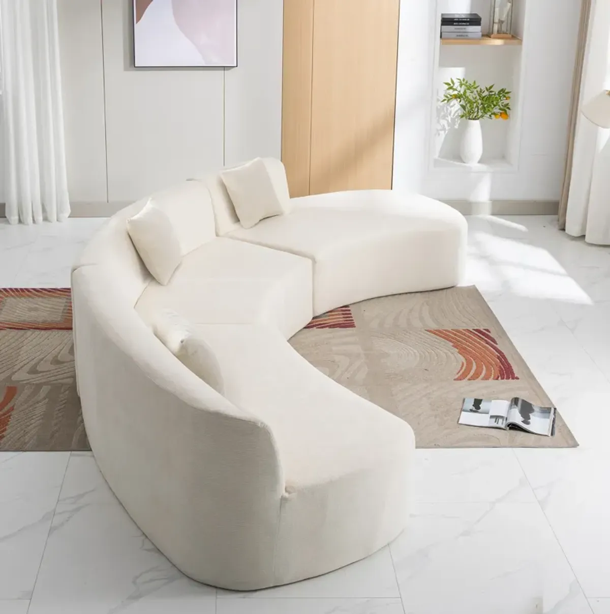 Merax Chenille Curved Sofa with Three Throw Pillows