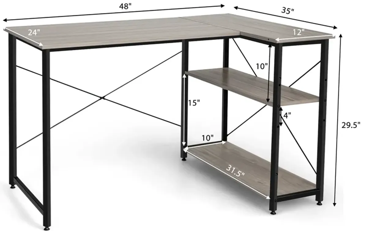 Costway 48'' Reversible L Shaped Computer Desk Home Office Table Adjustable Shelf Brown