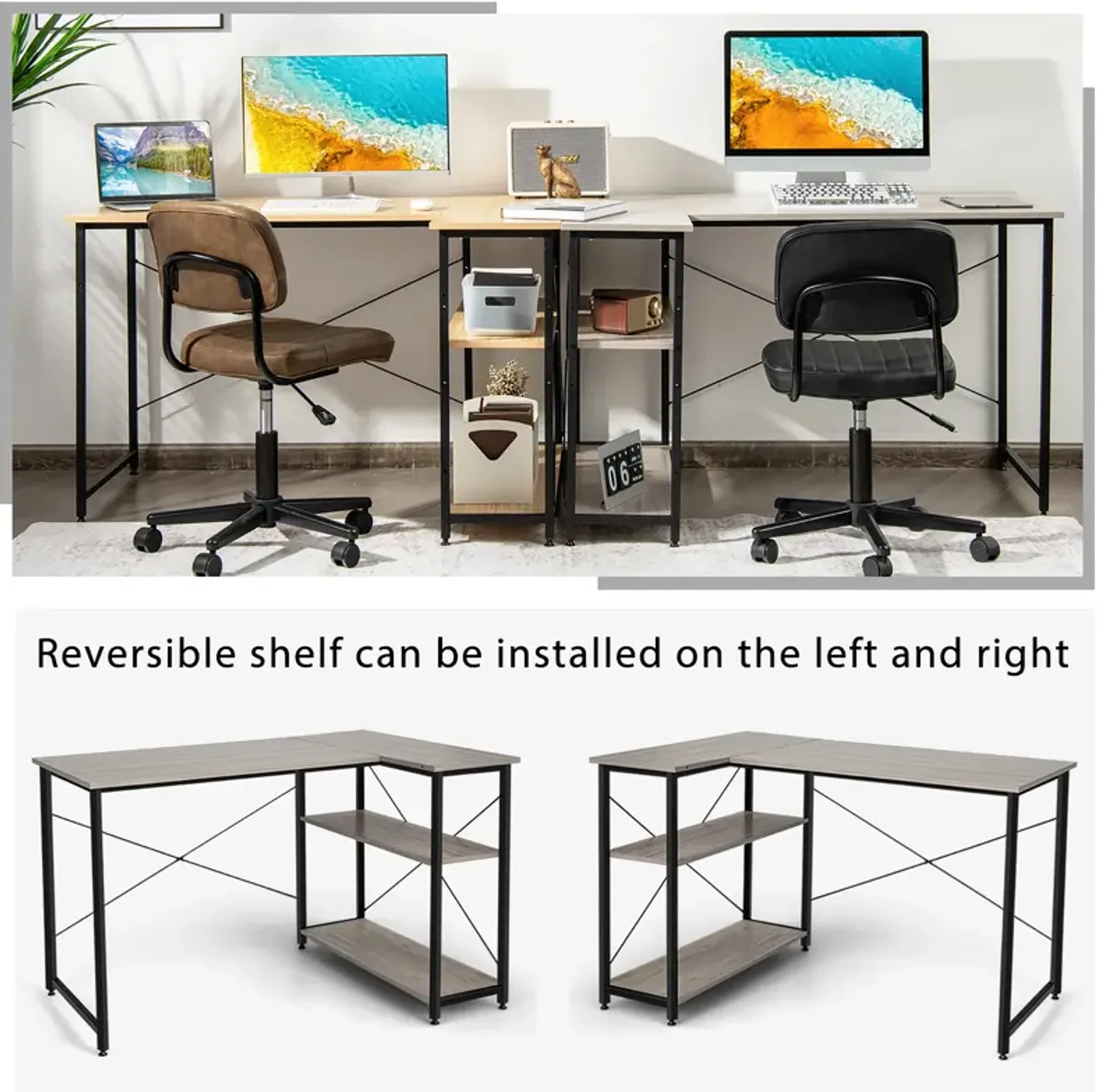 Costway 48'' Reversible L Shaped Computer Desk Home Office Table Adjustable Shelf Brown