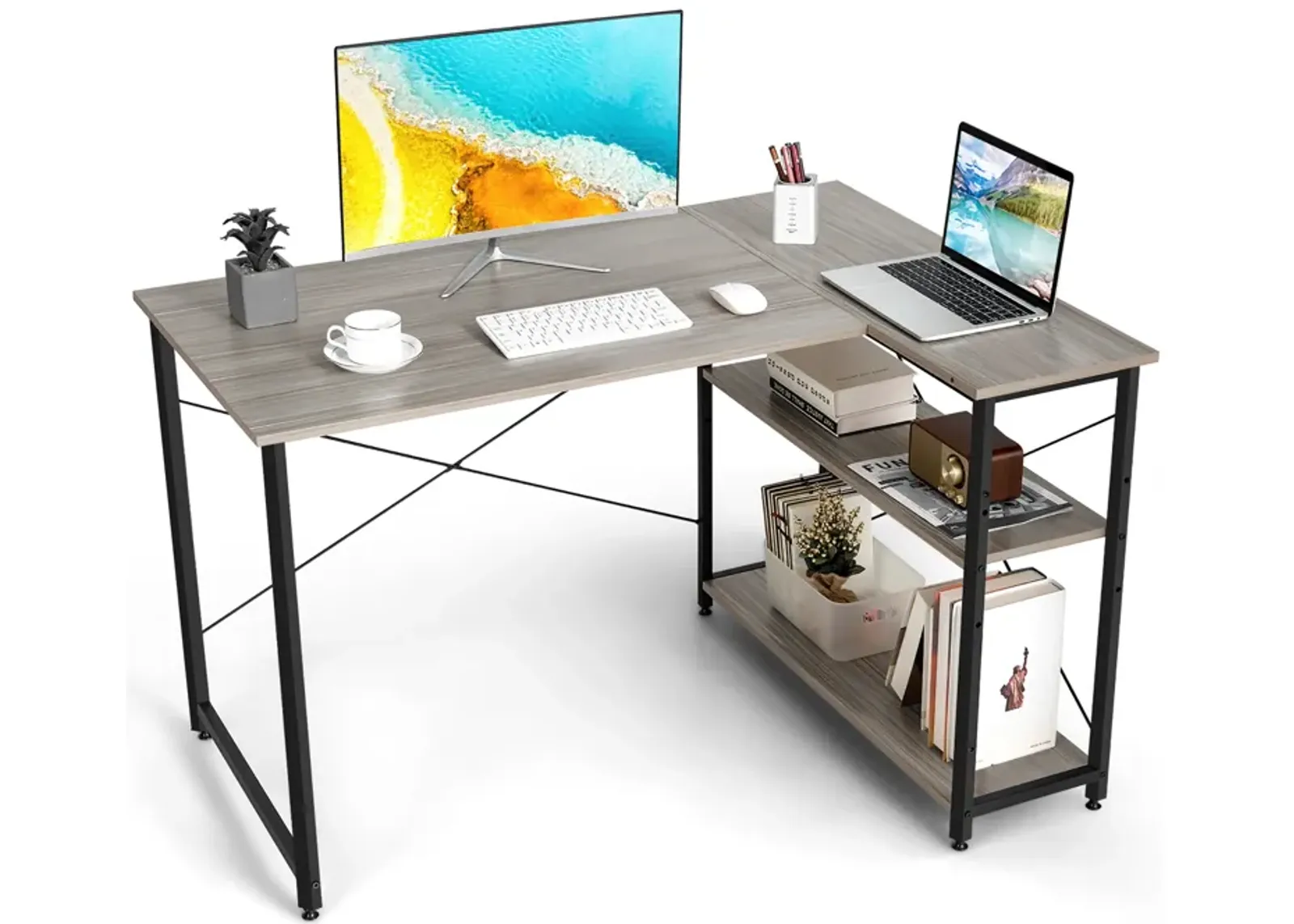 Costway 48'' Reversible L Shaped Computer Desk Home Office Table Adjustable Shelf Brown