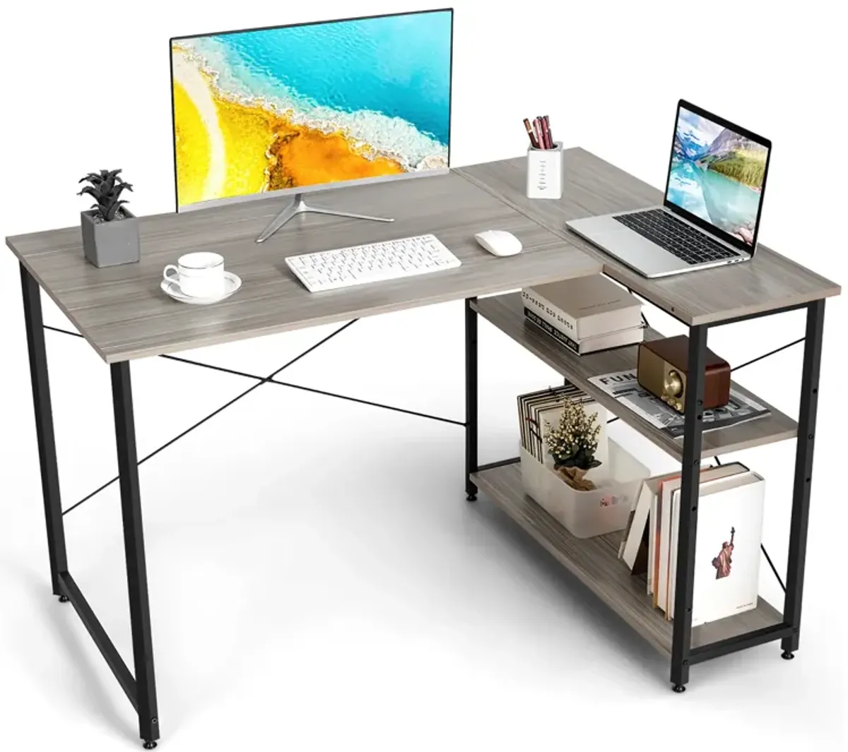 Costway 48'' Reversible L Shaped Computer Desk Home Office Table Adjustable Shelf Brown