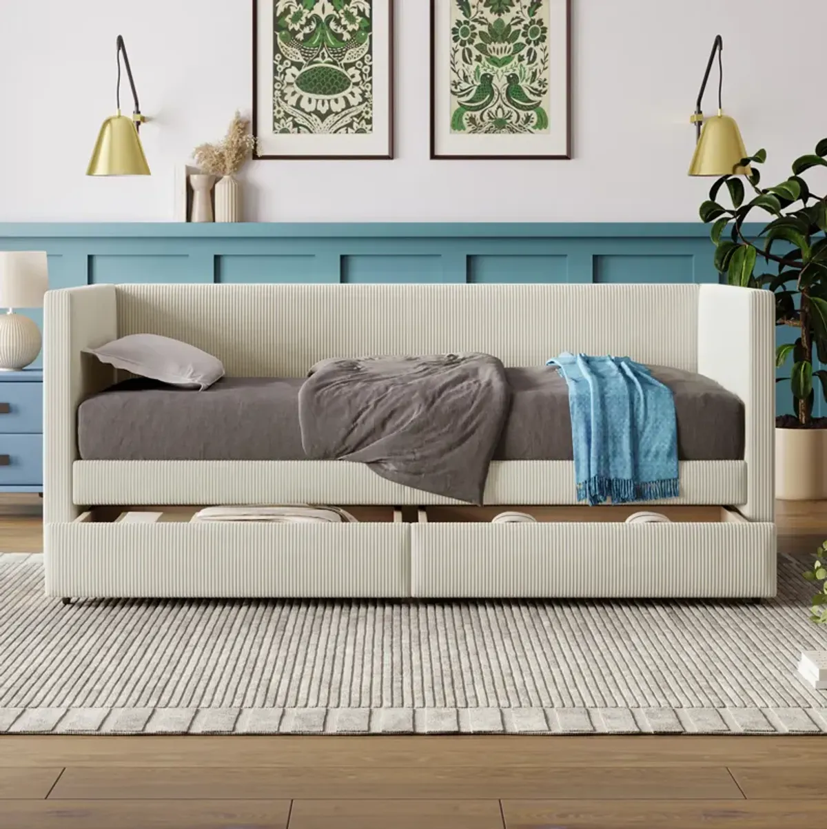 Merax Corduroy Daybed with Two Drawers and Slats