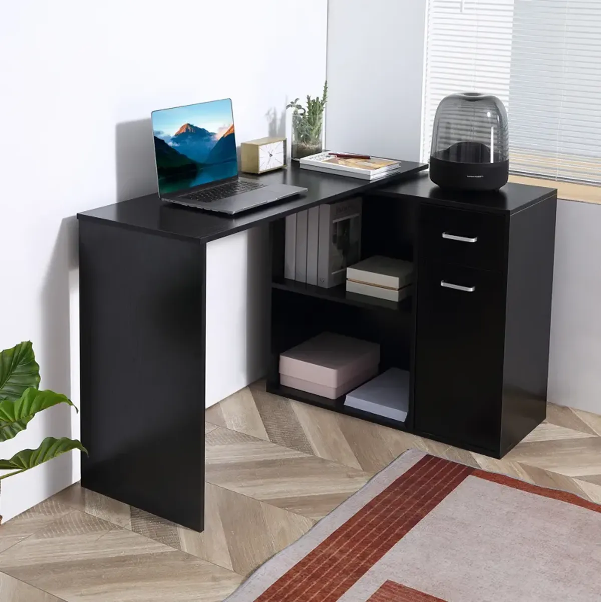 Rotating Home Office L-Shaped Corner Desk w/ Storage Drawer Computer Table Black