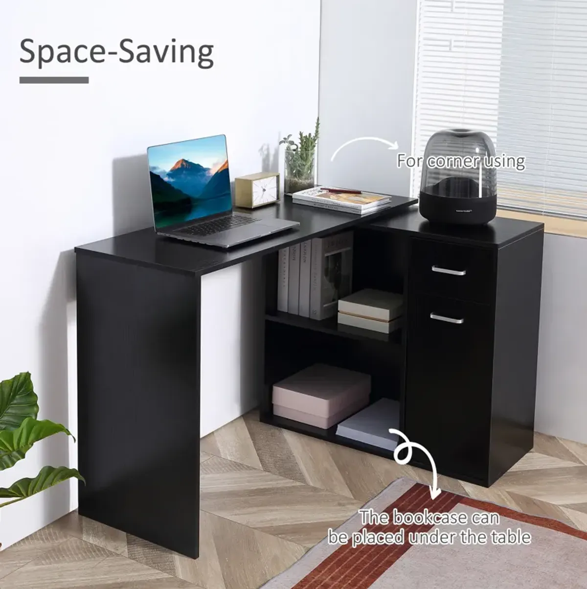 Rotating Home Office L-Shaped Corner Desk w/ Storage Drawer Computer Table Black