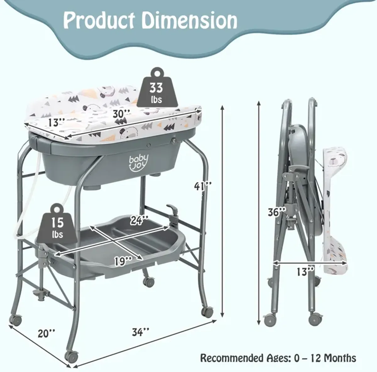 Folding Baby Changing Table with Bathtub and 4 Universal Wheels