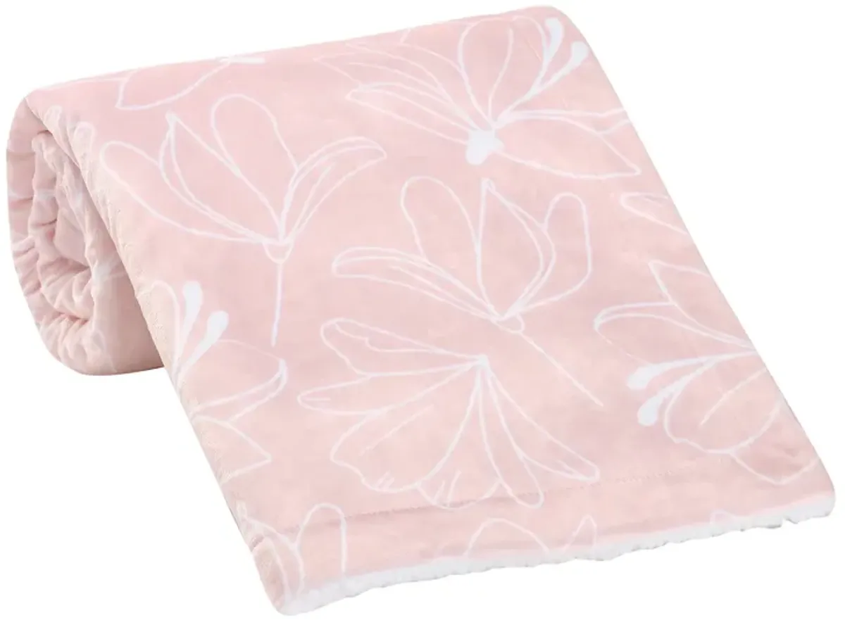 Lambs & Ivy Petals Pink/White Floral Fleece Faux Shearling Soft Baby Blanket