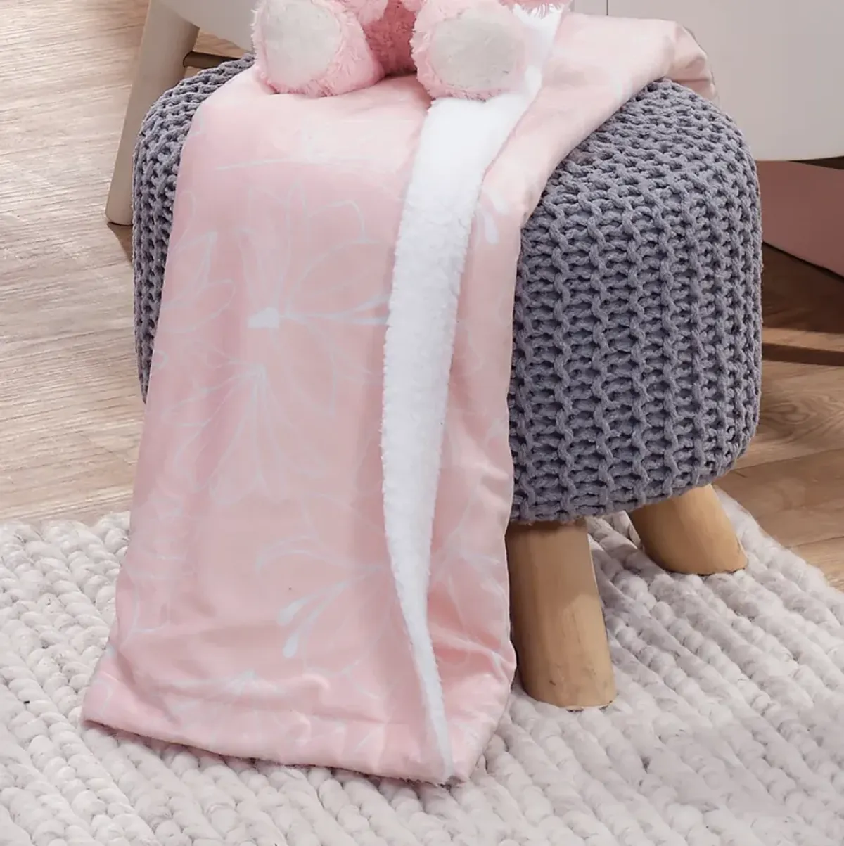 Lambs & Ivy Petals Pink/White Floral Fleece Faux Shearling Soft Baby Blanket