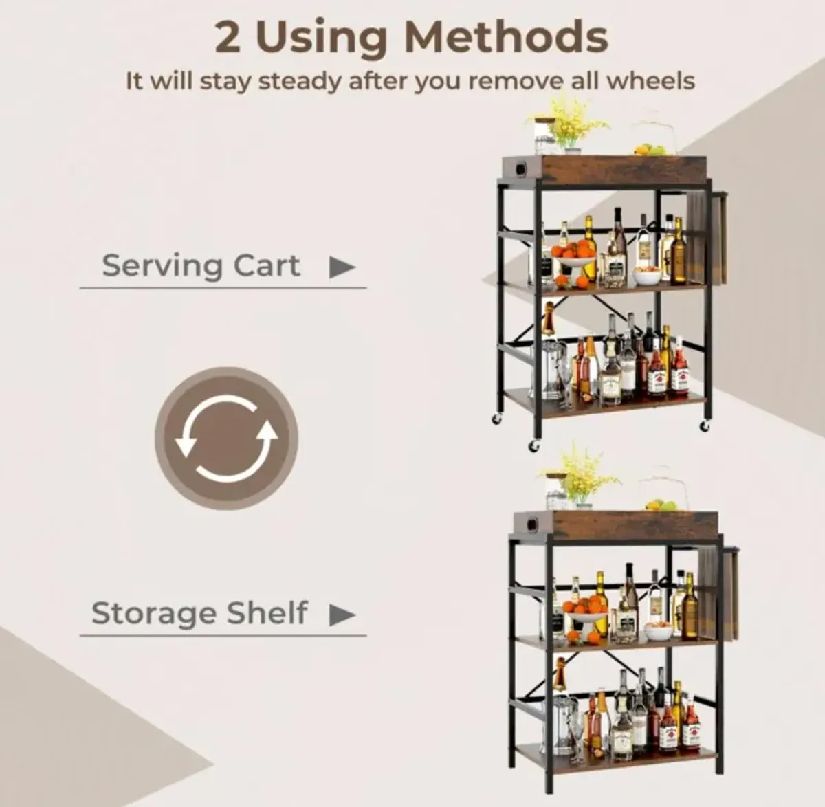 Hivvago 3-Tier Industrial Bar Cart with Detachable Tray for Kitchens-Rustic Brown