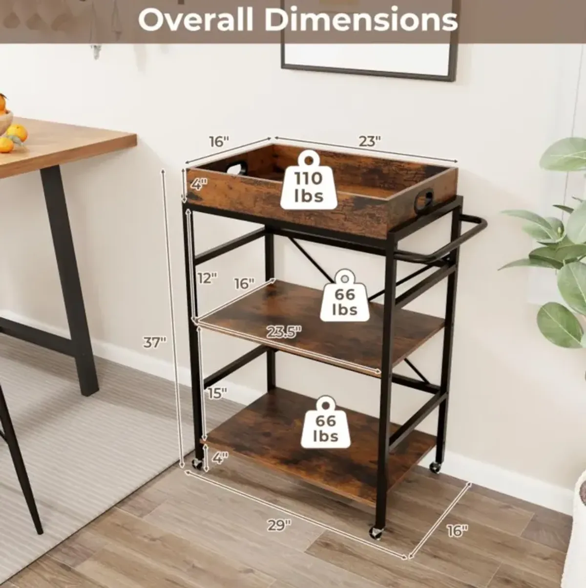 Hivvago 3-Tier Industrial Bar Cart with Detachable Tray for Kitchens-Rustic Brown