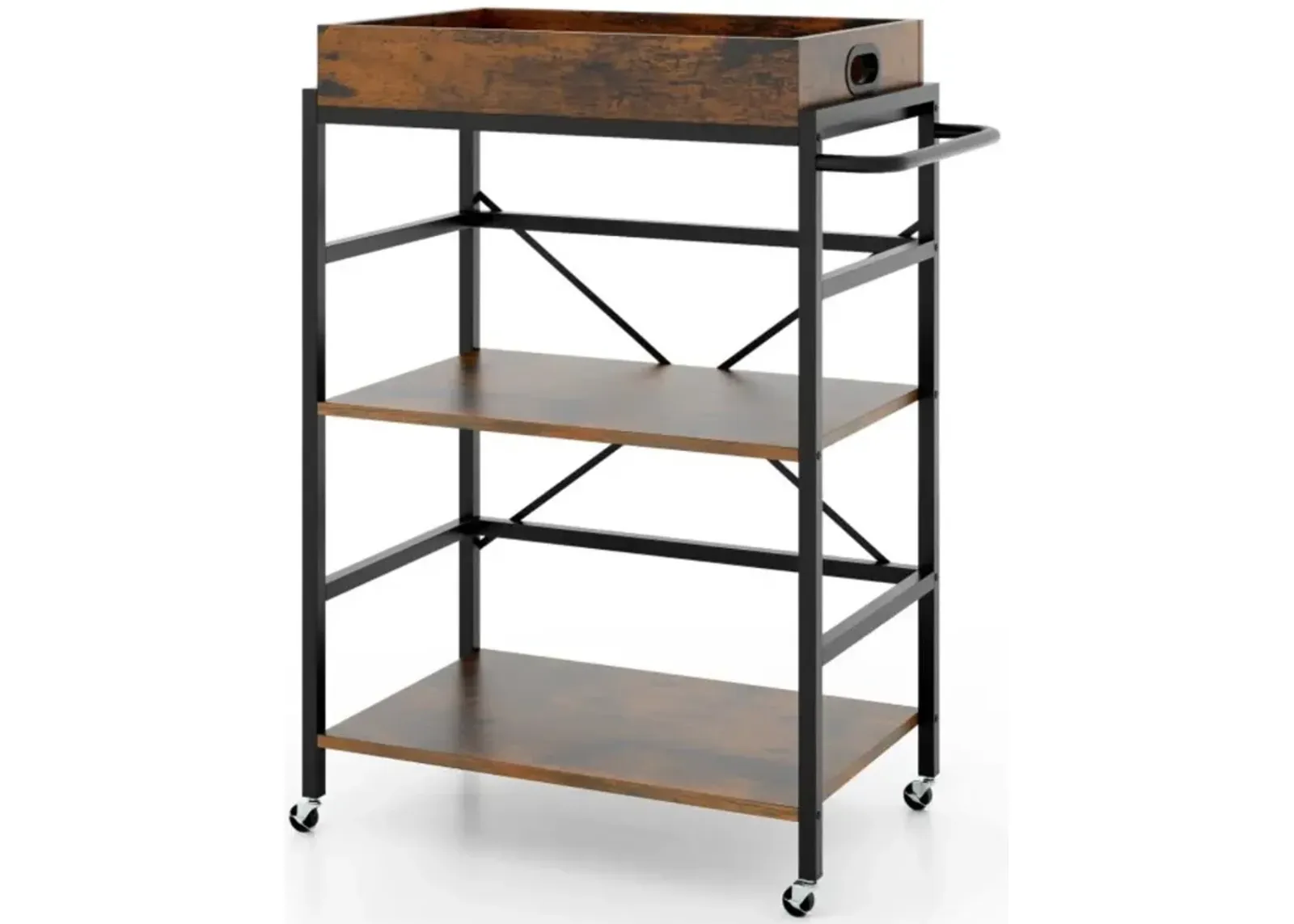 Hivvago 3-Tier Industrial Bar Cart with Detachable Tray for Kitchens-Rustic Brown