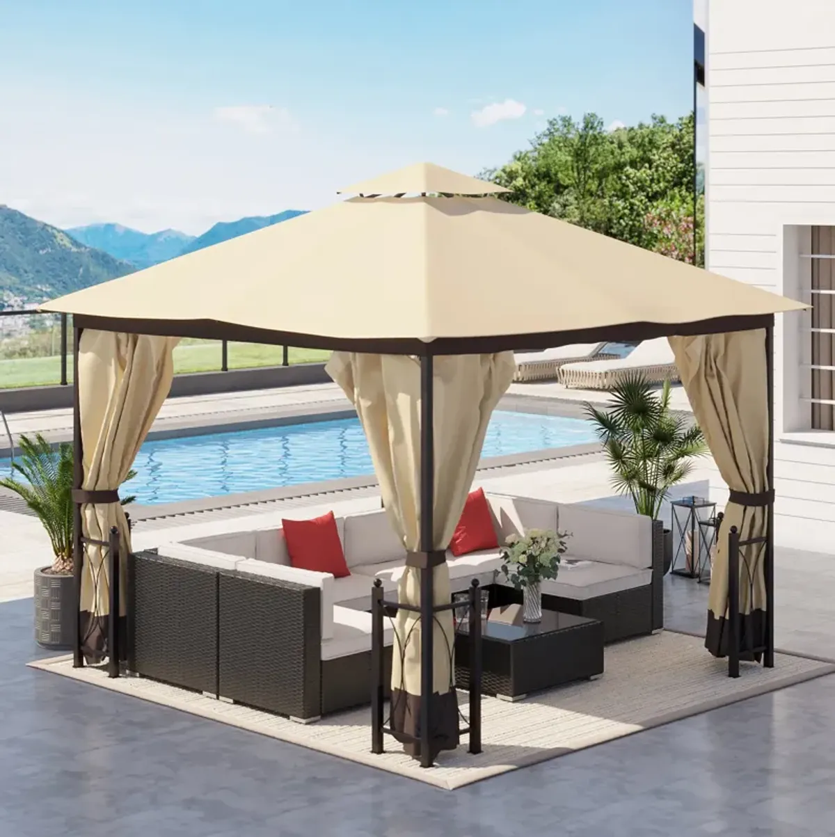 Beige Garden Haven: 13x11 Double Roof Gazebo with Netting Curtains