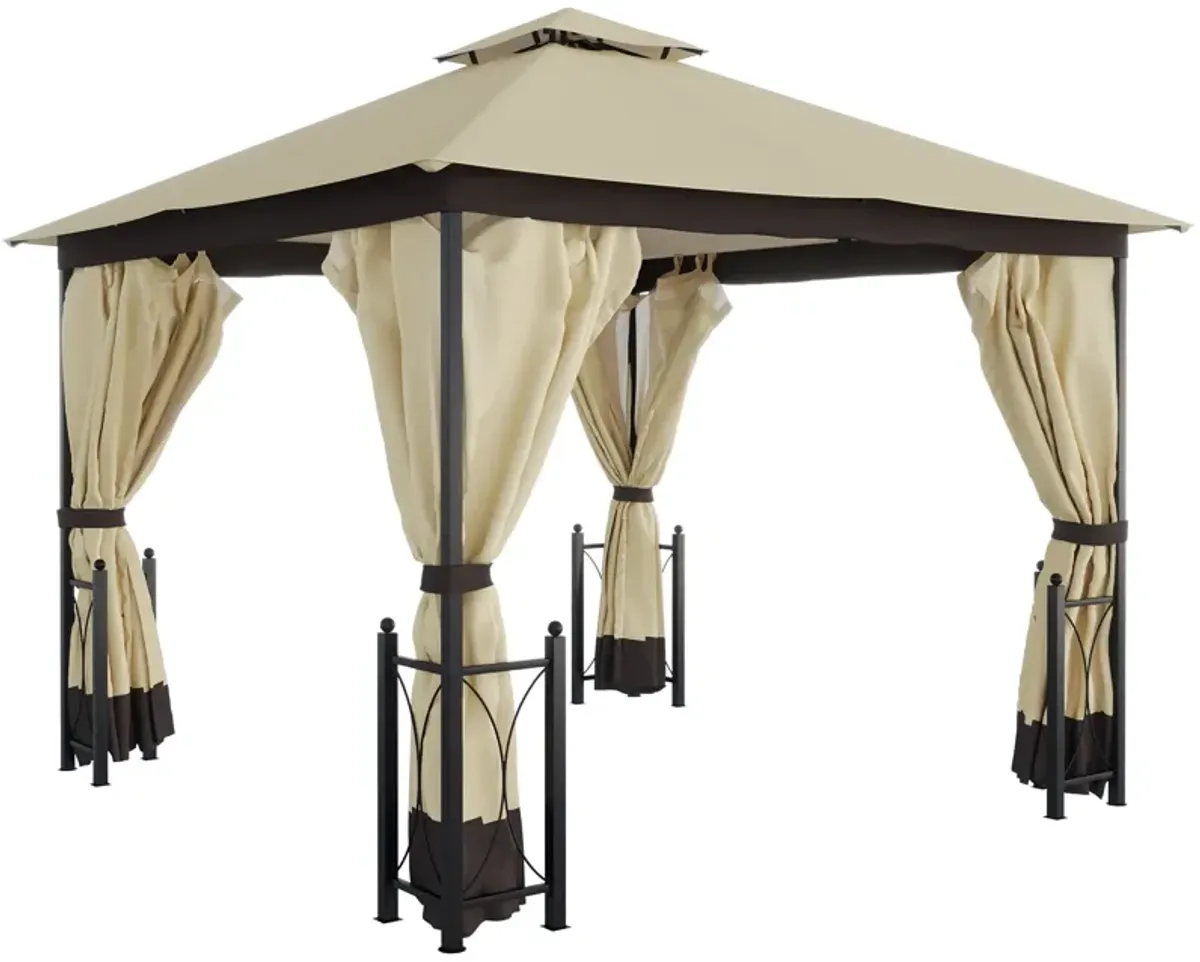 Beige Garden Haven: 13x11 Double Roof Gazebo with Netting Curtains