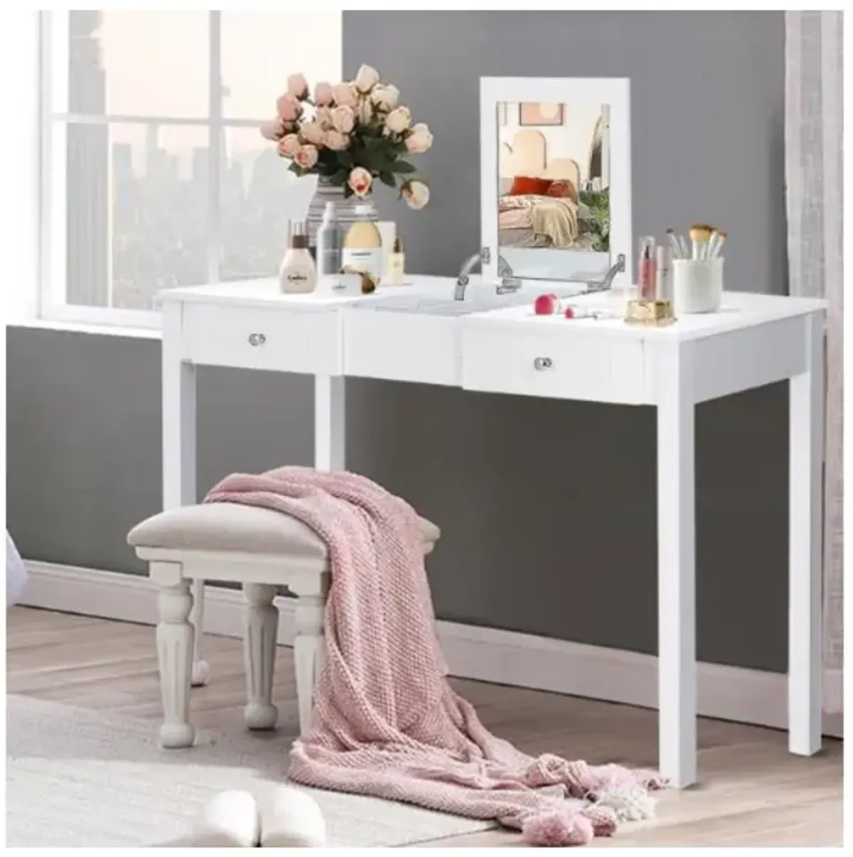 Hivvago Modern Vanity Dressing Table with 1 Flip Top Mirror and 2 Drawers