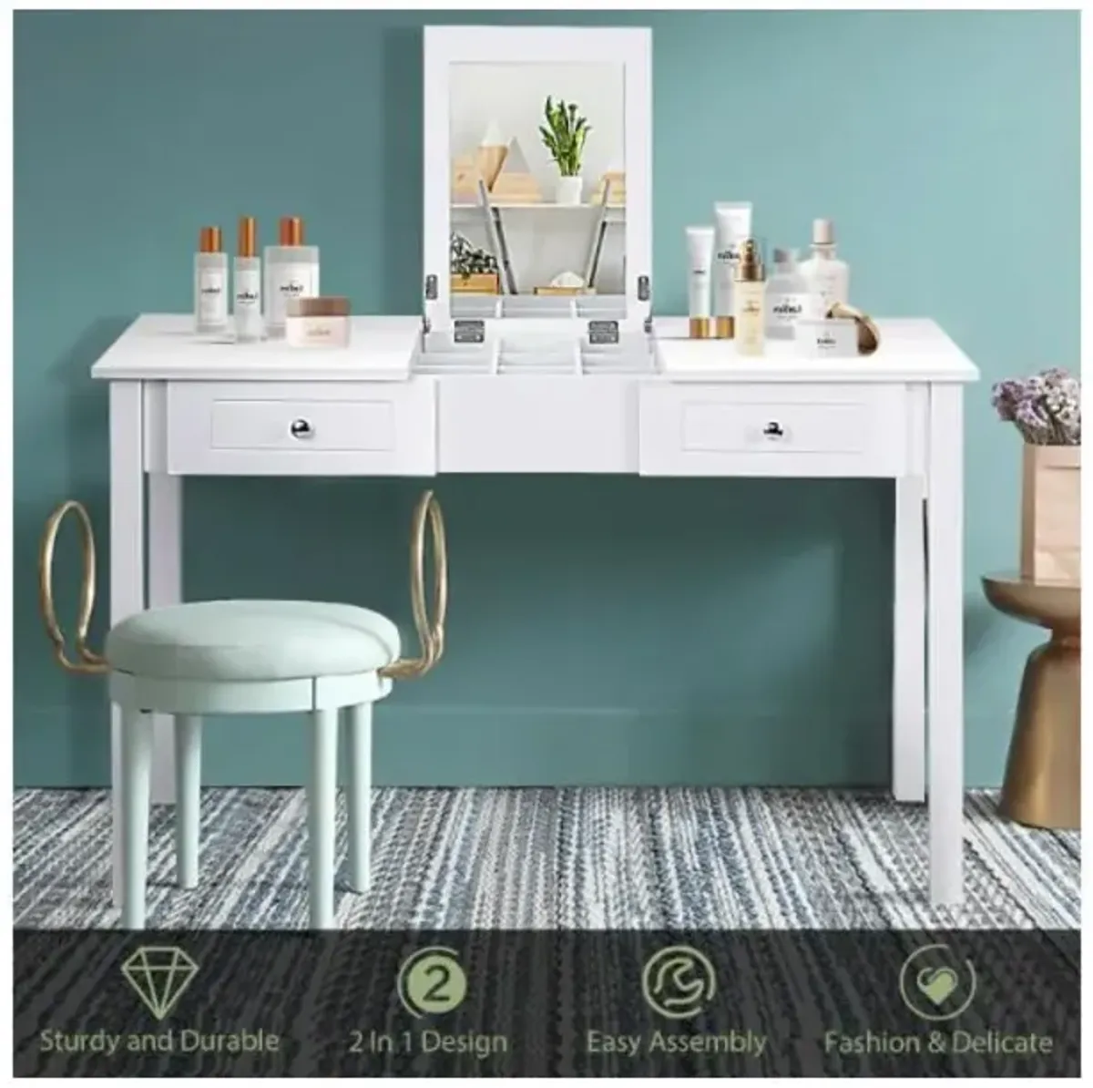 Hivvago Modern Vanity Dressing Table with 1 Flip Top Mirror and 2 Drawers