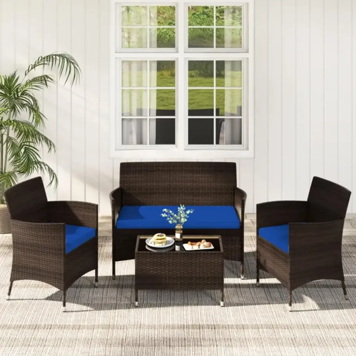 Hivvago 4 Pieces Comfortable Mix Brown Outdoor Rattan Sofa Set with Glass Coffee Table