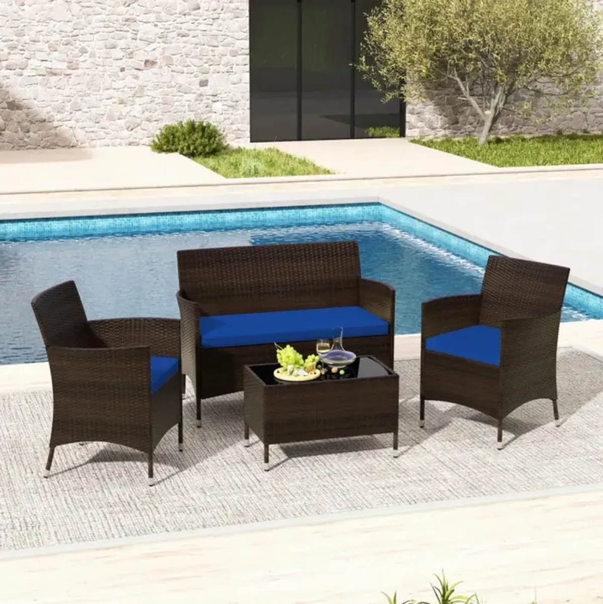 Hivvago 4 Pieces Comfortable Mix Brown Outdoor Rattan Sofa Set with Glass Coffee Table