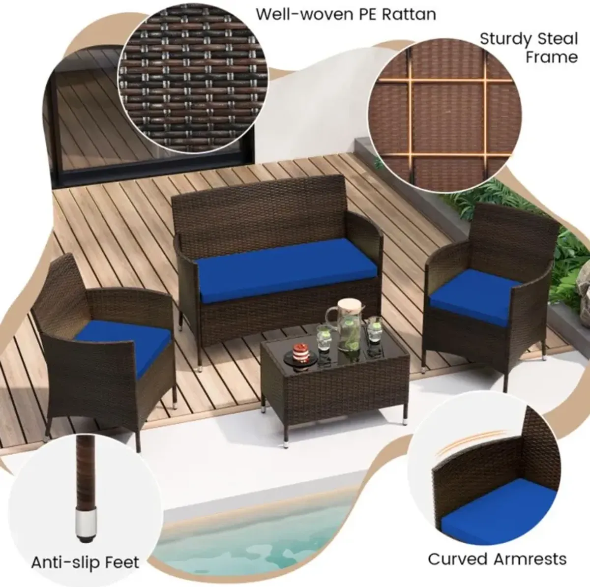 Hivvago 4 Pieces Comfortable Mix Brown Outdoor Rattan Sofa Set with Glass Coffee Table