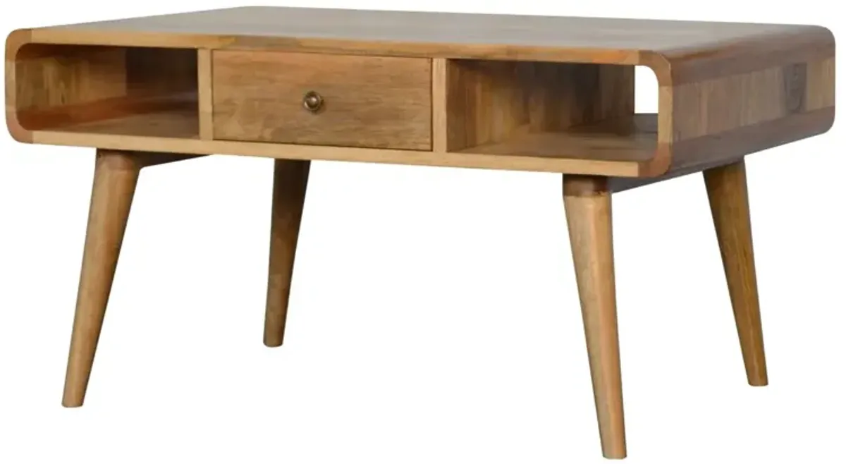 Curved  Solid Wood 2 Drawer Oak-ish Coffee Table