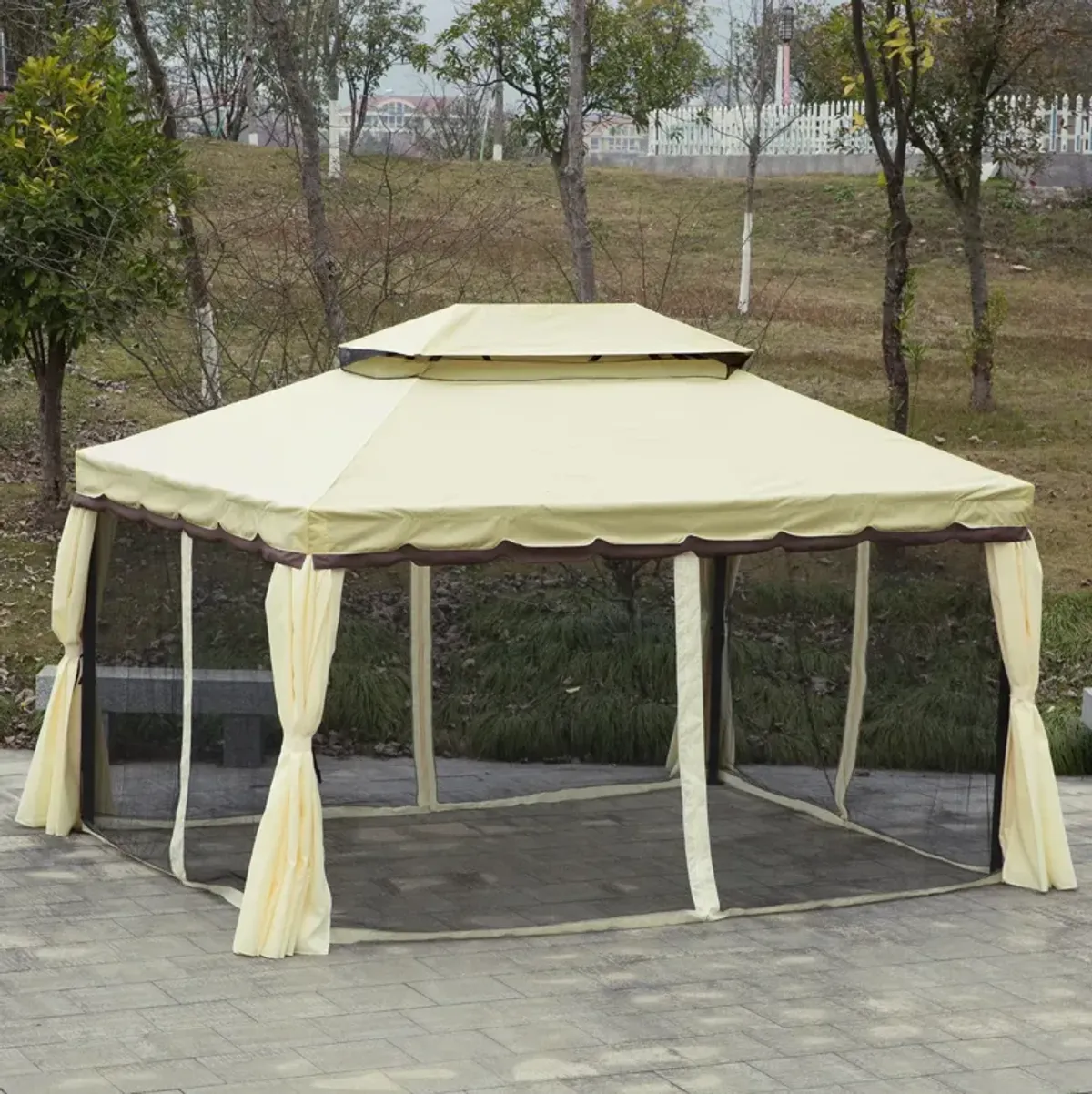 Cream White Garden Pavilion: 10x13 Aluminum Frame Gazebo with Curtains