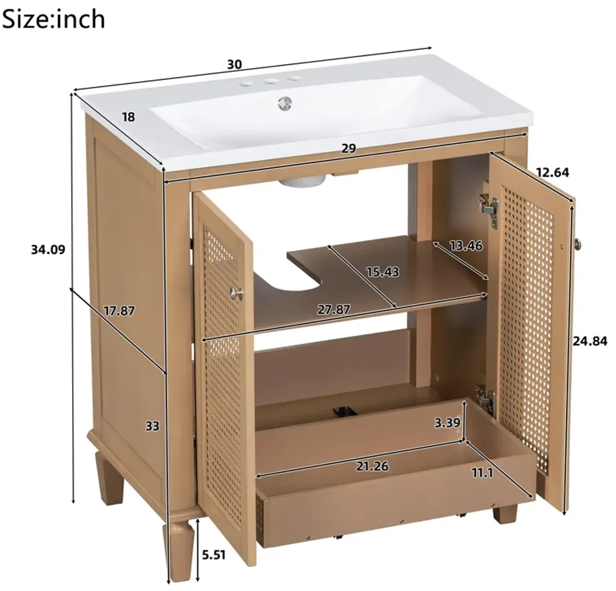 Gewnee 30 Inch Bathroom Vanity: Resin Sink and Solid Wood Frame