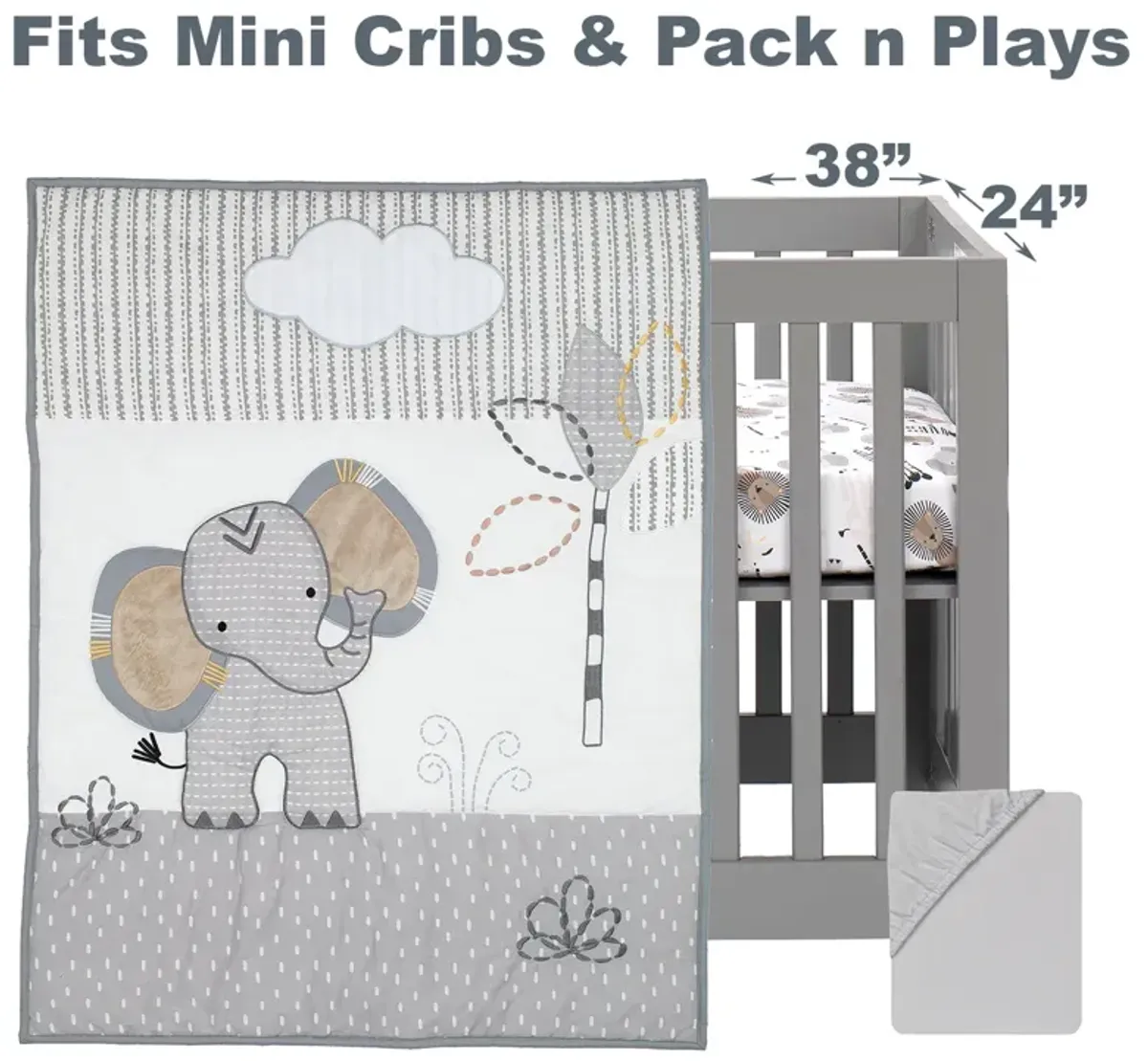 Lambs & Ivy Jungle Safari Elephant 3-Piece Mini Crib Bedding Set - Gray/White