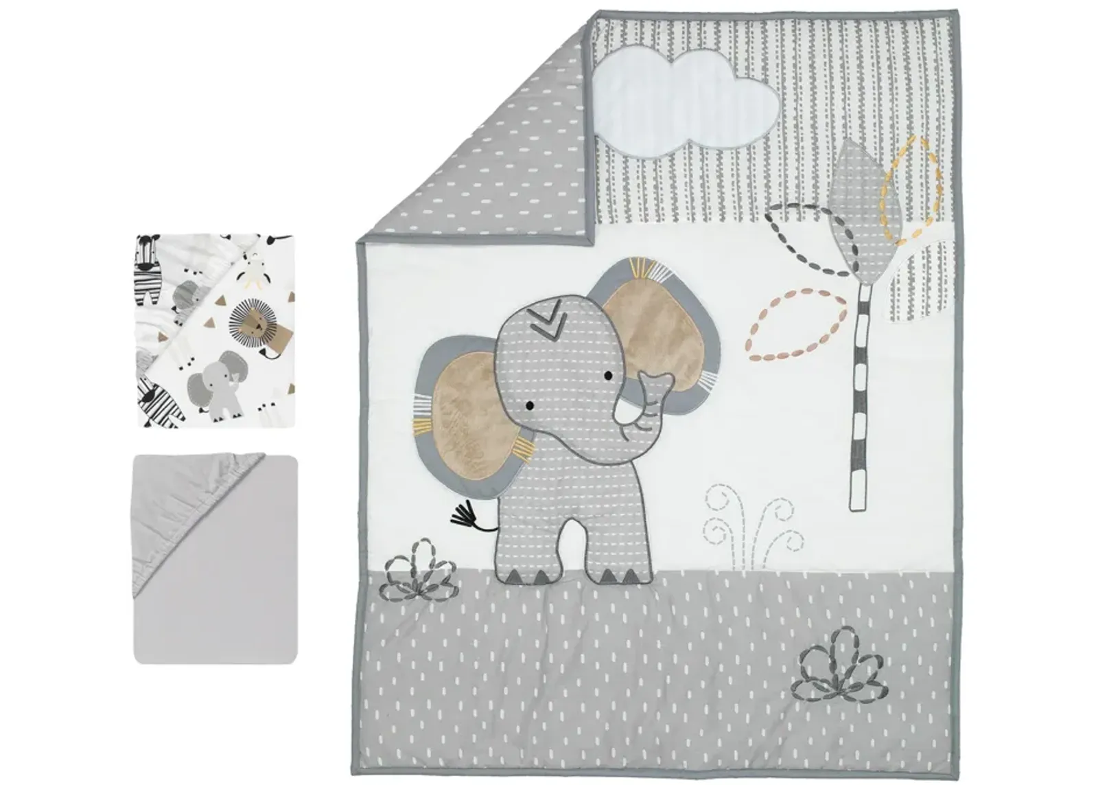 Lambs & Ivy Jungle Safari Elephant 3-Piece Mini Crib Bedding Set - Gray/White