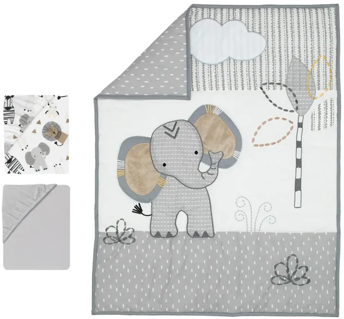 Lambs & Ivy Jungle Safari Elephant 3-Piece Mini Crib Bedding Set - Gray/White