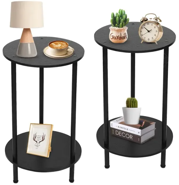 Small Round Side Table, End Tables Living Room Set of 2, Black End Table for Bedrooms, Small Side Table for Small Spaces,2 Tiers