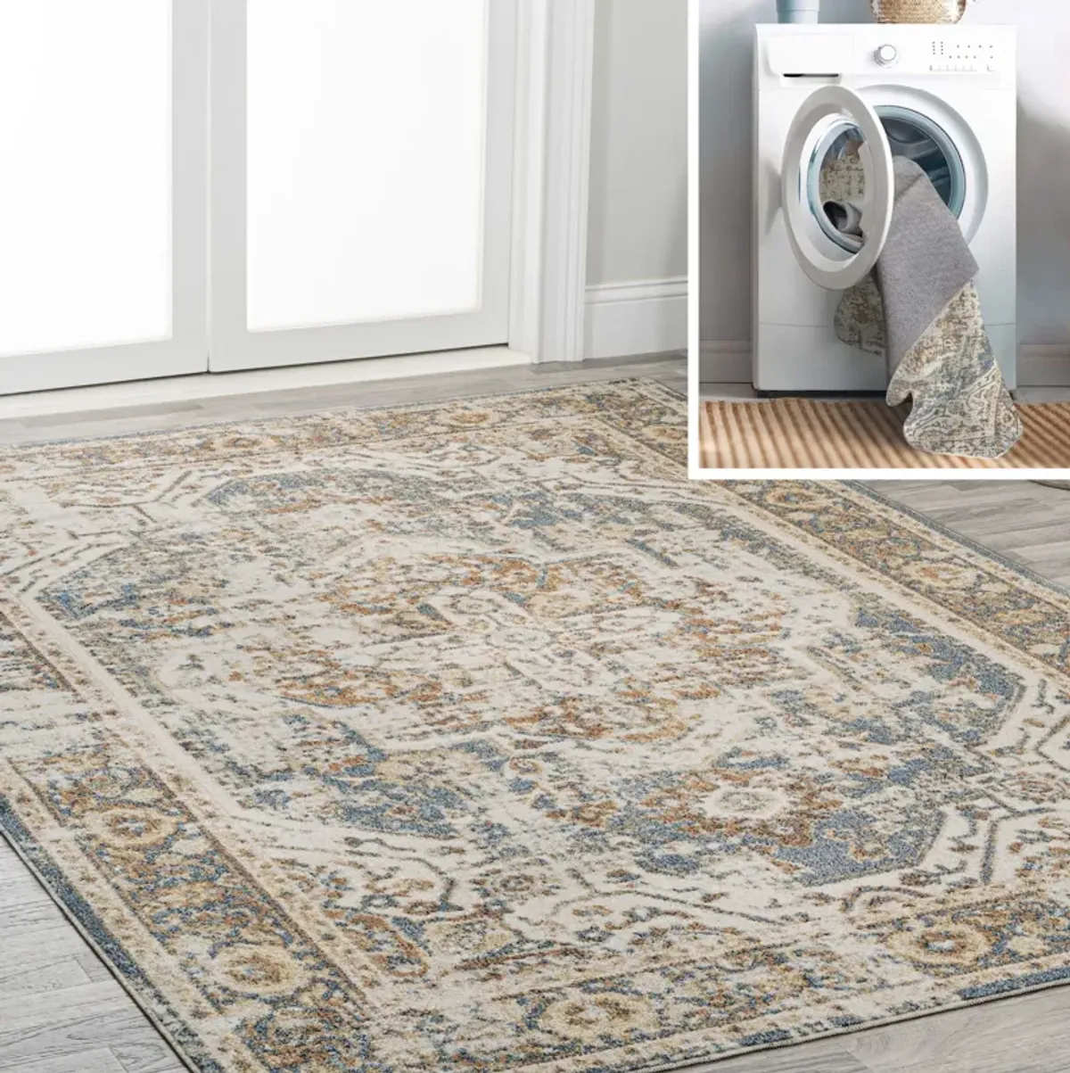 Keesha Bold Distressed Medallion Low-Pile Machine-Washable Blue/Cream. Area Rug