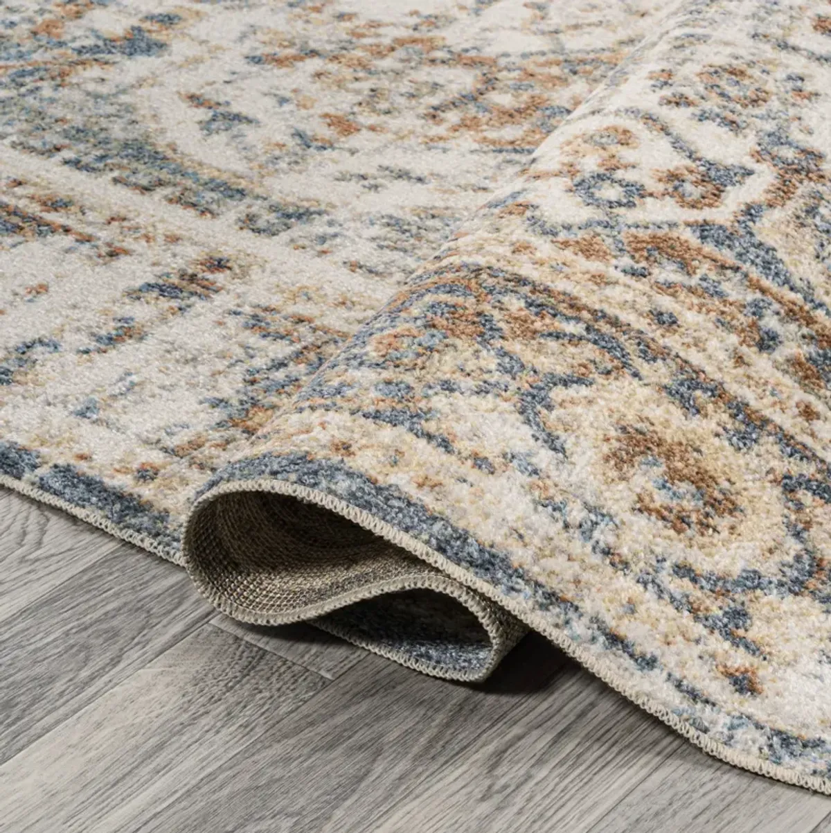 Keesha Bold Distressed Medallion Low-Pile Machine-Washable Blue/Cream. Area Rug