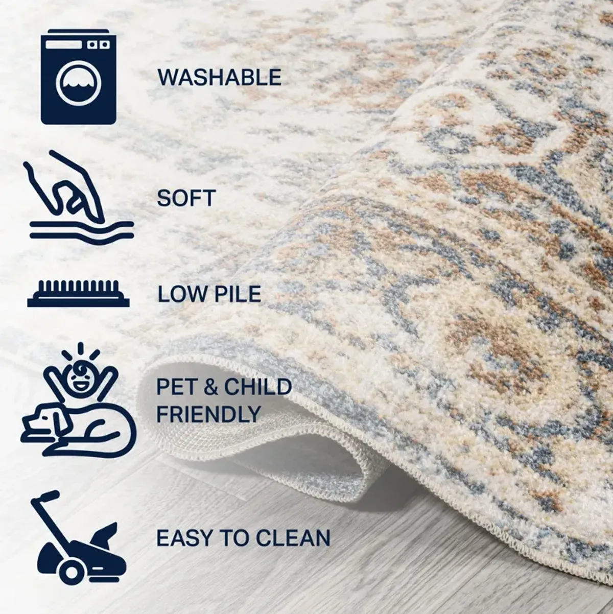 Keesha Bold Distressed Medallion Low-Pile Machine-Washable Blue/Cream. Area Rug