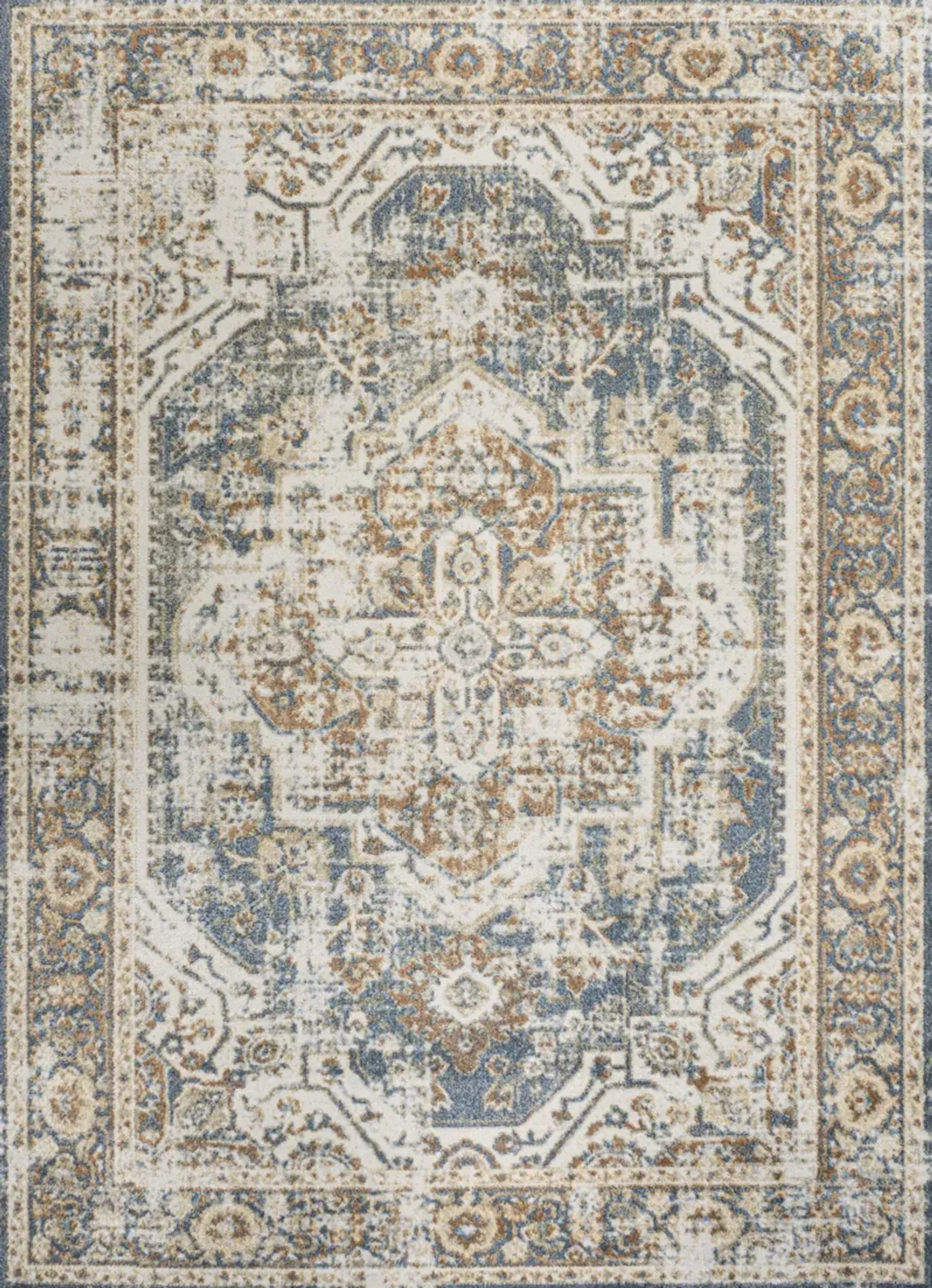 Keesha Bold Distressed Medallion Low-Pile Machine-Washable Blue/Cream. Area Rug